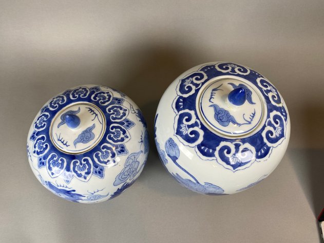 Image for (2) Coordinating Chinese Ming Style Blue White Temple Jars