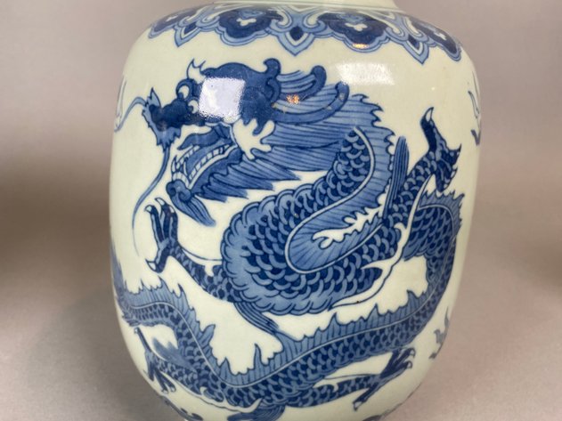 Image for (2) Matching Chinese Blue White Dragon Porcelain Vases