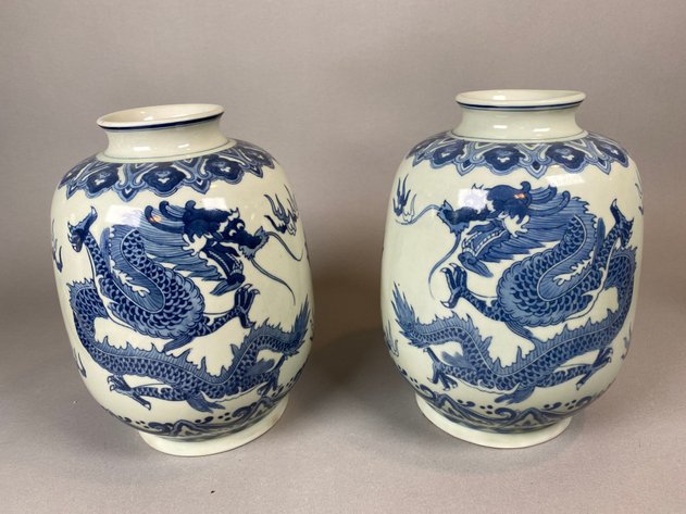 Image for (2) Matching Chinese Blue White Dragon Porcelain Vases