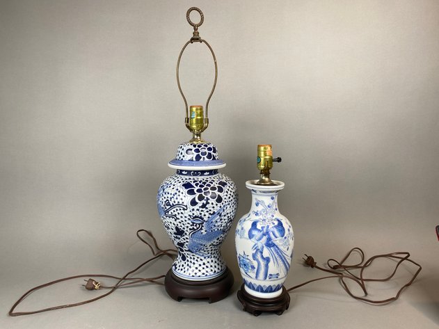 Image for (2) Blue and White Botanical and Bird Porcelain Lamps