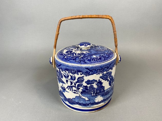 Image for Antique Moriyama Blue Willow Biscuit Jar with Lid and Rattan Handle