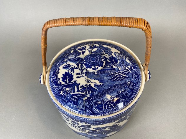 Image for Antique Moriyama Blue Willow Biscuit Jar with Lid and Rattan Handle