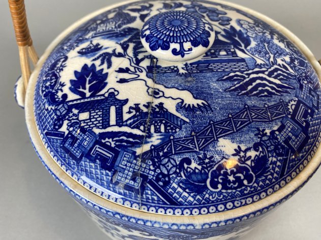 Image for Antique Moriyama Blue Willow Biscuit Jar with Lid and Rattan Handle