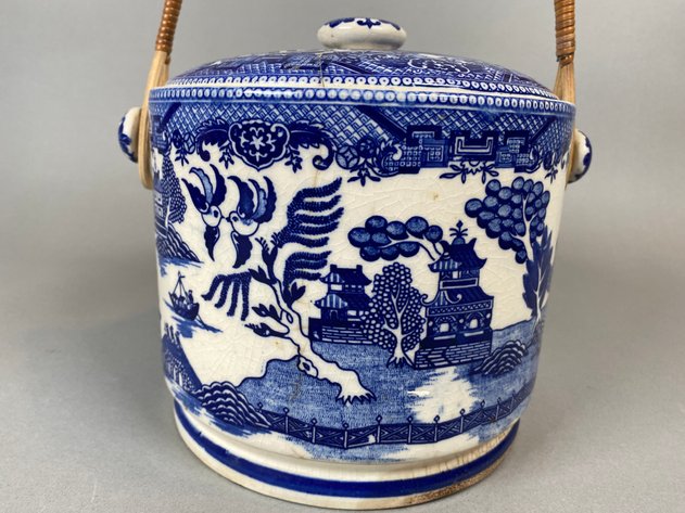 Image for Antique Moriyama Blue Willow Biscuit Jar with Lid and Rattan Handle