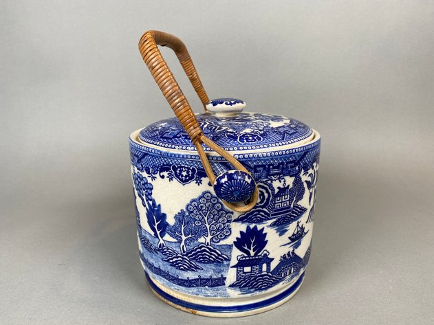 Image for Antique Moriyama Blue Willow Biscuit Jar with Lid and Rattan Handle