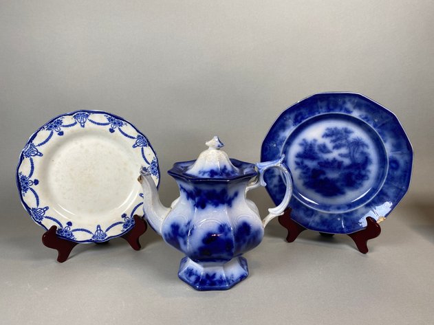 Image for Antique Ironstone Teapot in Flow Blue and (2) Blue White Decorative Plates