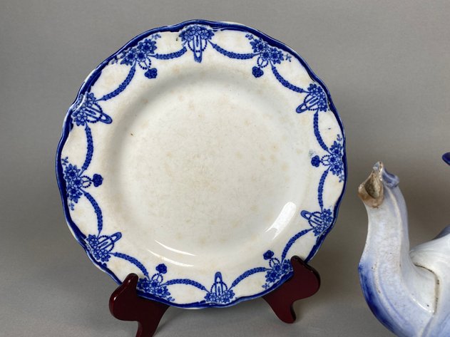 Image for Antique Ironstone Teapot in Flow Blue and (2) Blue White Decorative Plates