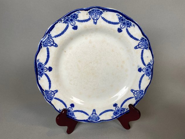 Image for Antique Ironstone Teapot in Flow Blue and (2) Blue White Decorative Plates