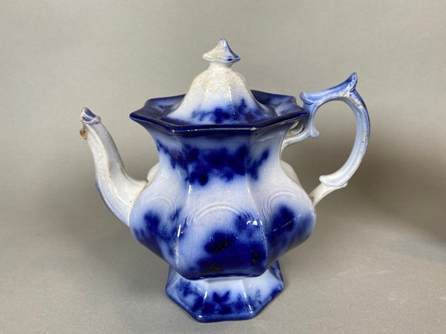 Image for Antique Ironstone Teapot in Flow Blue and (2) Blue White Decorative Plates
