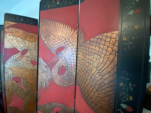 Image for Japanese 20th Century Red and Black Lacquered 6 Panel Folding Screen with Gilt Crane Motif