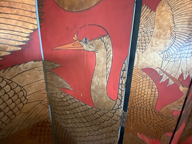 Image for Japanese 20th Century Red and Black Lacquered 6 Panel Folding Screen with Gilt Crane Motif