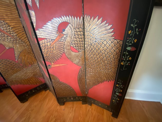 Image for Japanese 20th Century Red and Black Lacquered 6 Panel Folding Screen with Gilt Crane Motif