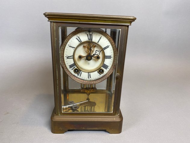Image for Antique Brass Ansonia Clock Company Mantle Clock with Key