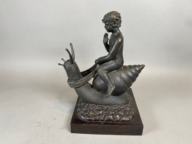 Image for Vintage Mythical Bronze Cherub Riding Snail Sculpture Maitland Smith