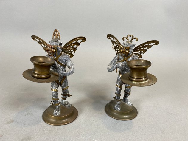Image for (2) Petites Choses Winged Monkey Brass and Pewter Candle Holders