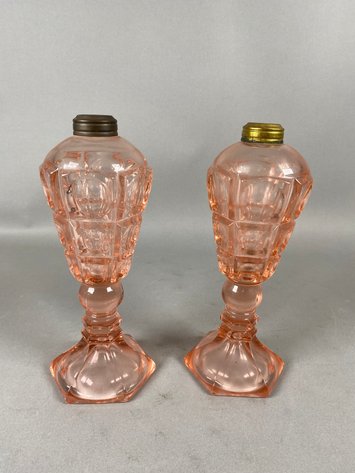 Image for Pair Antique Pink Oil Lamps