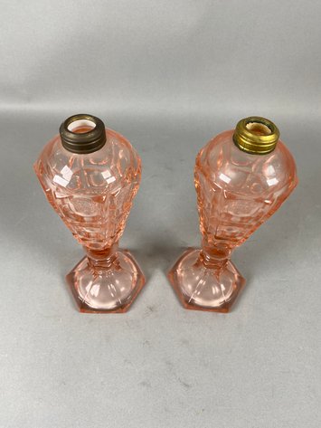 Image for Pair Antique Pink Oil Lamps