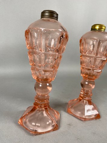 Image for Pair Antique Pink Oil Lamps