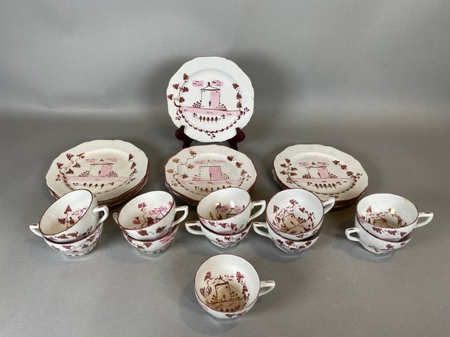 Image for (23) 19 Century C Staffordshire English Pink Lustre Ware Hand Painted Pottery Luncheon Plates and Saucers