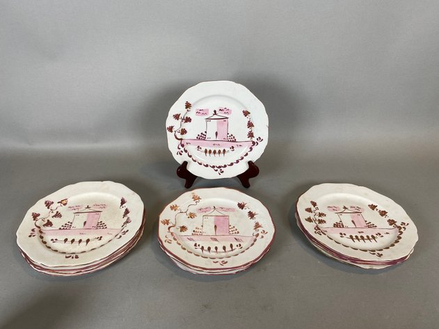 Image for (23) 19 Century C Staffordshire English Pink Lustre Ware Hand Painted Pottery Luncheon Plates and Saucers