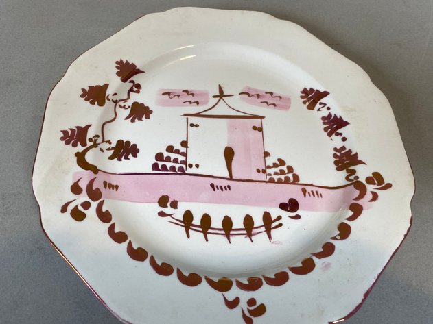 Image for (23) 19 Century C Staffordshire English Pink Lustre Ware Hand Painted Pottery Luncheon Plates and Saucers