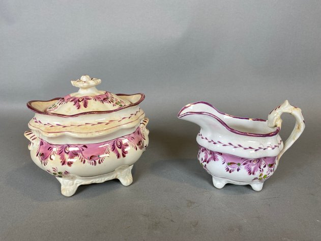 Image for (15) Piece Collection of Early 1800s Antique Pink and Purple Rose Gold, Hand Painted English Lustreware