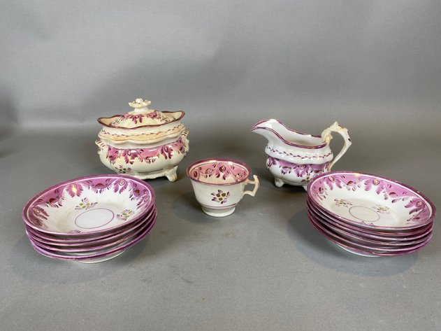 Image for (15) Piece Collection of Early 1800s Antique Pink and Purple Rose Gold, Hand Painted English Lustreware