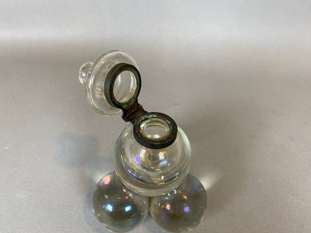 Image for Antique Glass Iridescent Soap Bubble Ink\well with Brass Hinge Circa 1880