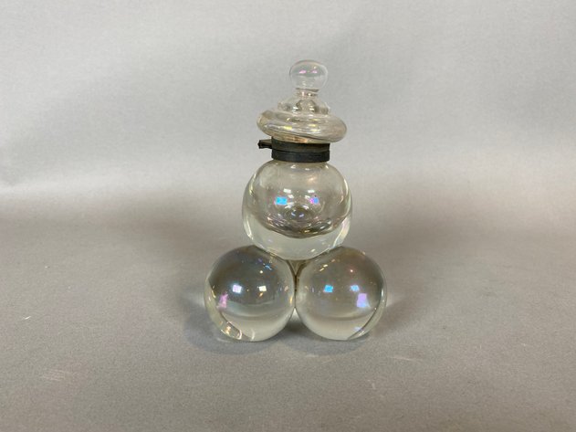 Image for Antique Glass Iridescent Soap Bubble Ink\well with Brass Hinge Circa 1880