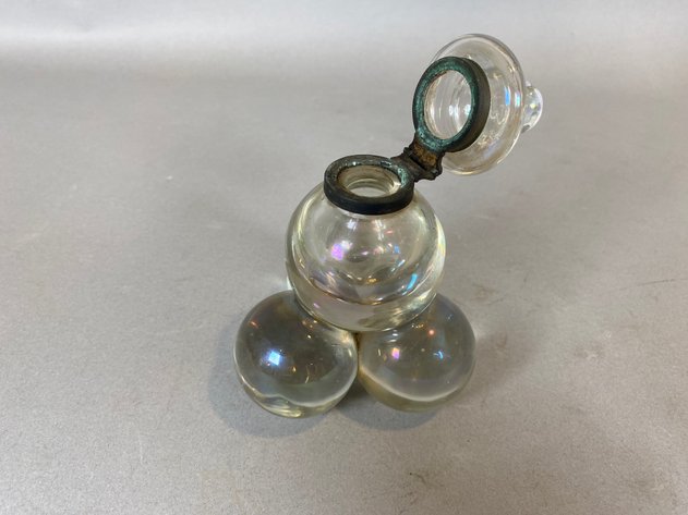Image for Antique Glass Iridescent Soap Bubble Ink\well with Brass Hinge Circa 1880