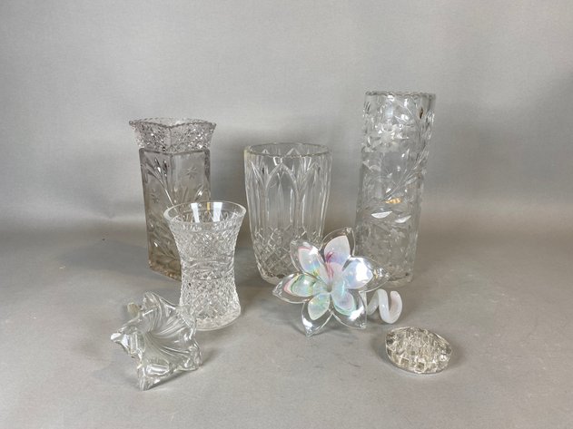 Image for (7) Piece Assortment of Vintage Cut Crystal Vases, Hand Blown Floral Art Glass and Glass Floral Frog
