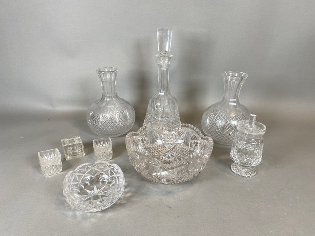Image for (11) Piece Assortment of Cut Crystal Decor Including Decanters, Bowls, Salt Sellers and More!