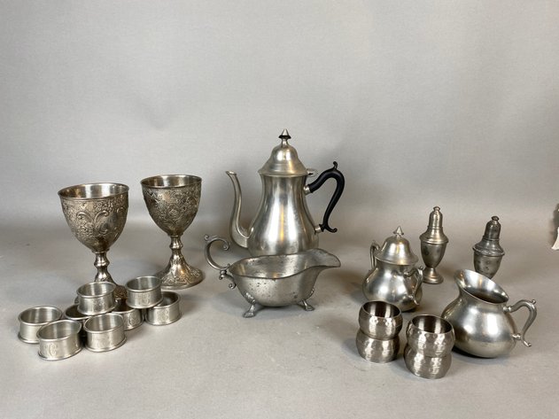 Image for (20) Piece Assortment of Pewter and Silver Plated Serving Pieces, Including Royal Holland Pewter Tea Pot, Cream and Sugar Dishes, (2) Corbell and Co. Monogrammed Chalice's, International Pewter Salt and Pepper Set and More!