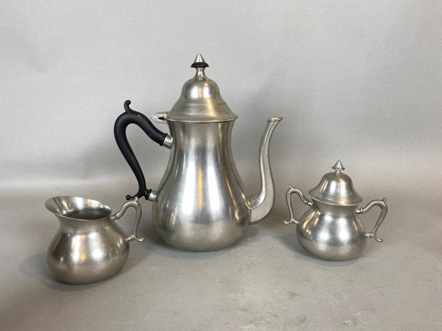 Image for (20) Piece Assortment of Pewter and Silver Plated Serving Pieces, Including Royal Holland Pewter Tea Pot, Cream and Sugar Dishes, (2) Corbell and Co. Monogrammed Chalice's, International Pewter Salt and Pepper Set and More!