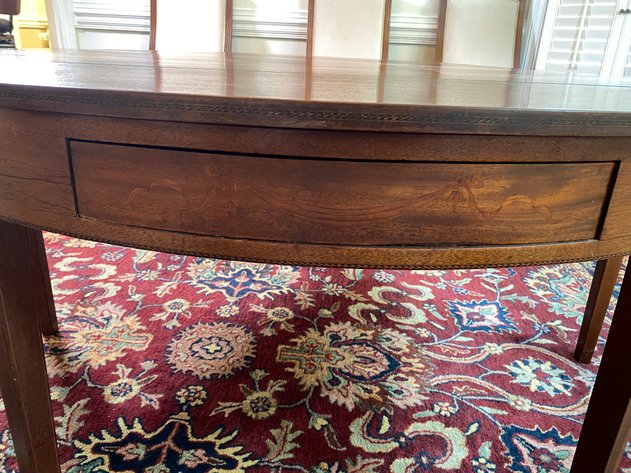 Image for Antique Fine Inlaid Round Mahogany Gaming Style Table with Bell Flower Decorations