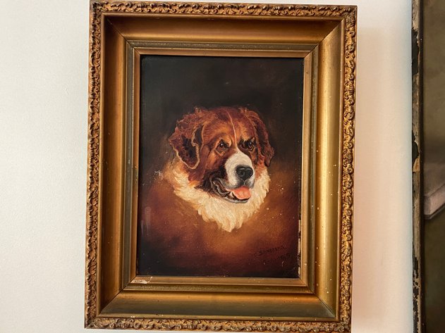 Image for Circa 1915 Original Framed Oil on Canvas St. Bernard Signed by Artist C. Sandburg