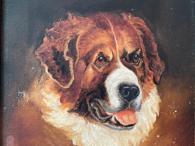 Image for Circa 1915 Original Framed Oil on Canvas St. Bernard Signed by Artist C. Sandburg
