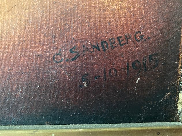 Image for Circa 1915 Original Framed Oil on Canvas St. Bernard Signed by Artist C. Sandburg