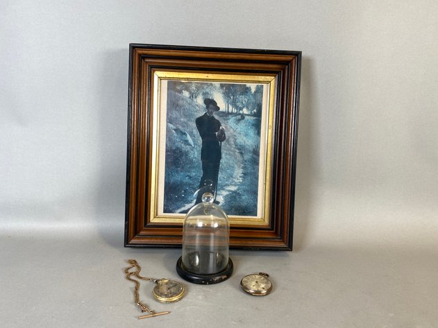 Image for Wooden Framed Print of John La Farge's Portrait of the Painter, and (2) Antique Men's Pocket Watches