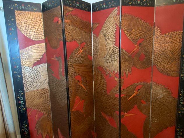 Image for Japanese 20th Century Red and Black Lacquered 6 Panel Folding Screen with Gilt Crane Motif