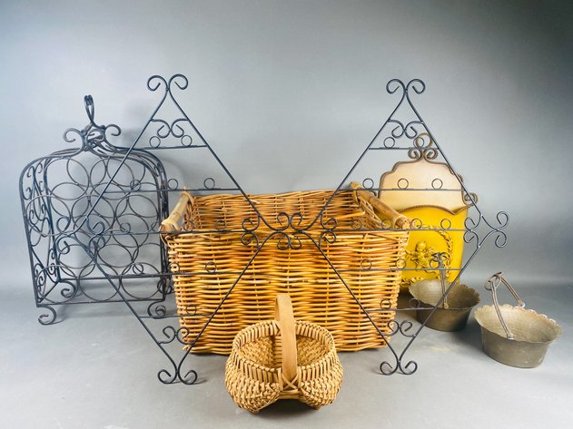 Image for Wine Rack, Pair of Photo/Card Hanging Displays, (2) Baskets, Decorative Wall Pocket, and Pair of Brass Baskets
