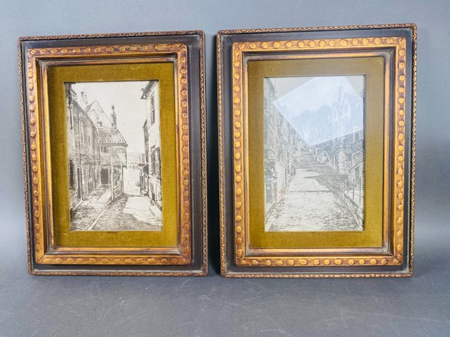Image for Vintage Landscape and Pair of Sepia Etchings Matted and Framed from Turner's Furniture