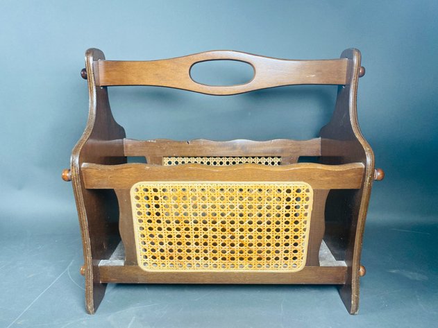 Image for (6) Rattan Magazine Rack, Painted Stool,Wood Napkin Rings,  and Decorative Items