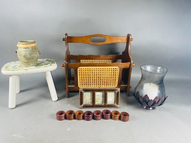 Image for (6) Rattan Magazine Rack, Painted Stool,Wood Napkin Rings,  and Decorative Items