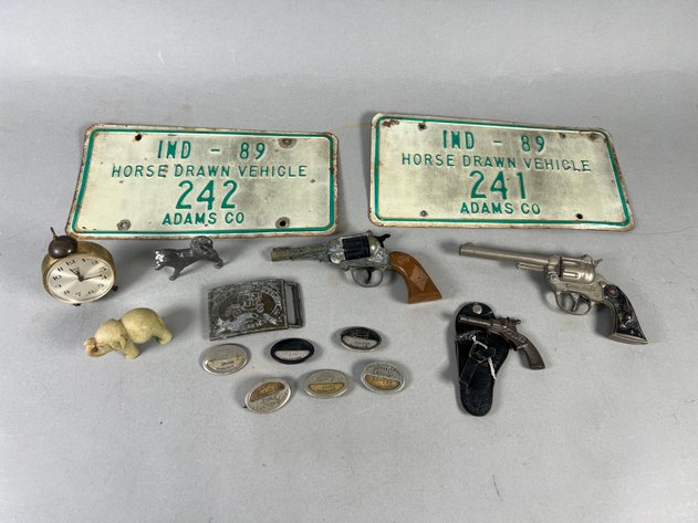 Image for Collection of Vintage Novelty Items Including Fisher Body Employee Badges, Swiza 8-Day Clock, Toy Cap Guns, Figurines & Horse-Drawn Vehicle Plates
