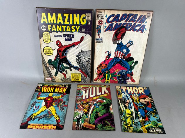 Image for Collection of Reproduction Marvel Comics Wall Art Including Captain America, Spider-Man, Hulk, Thor & Iron Man
