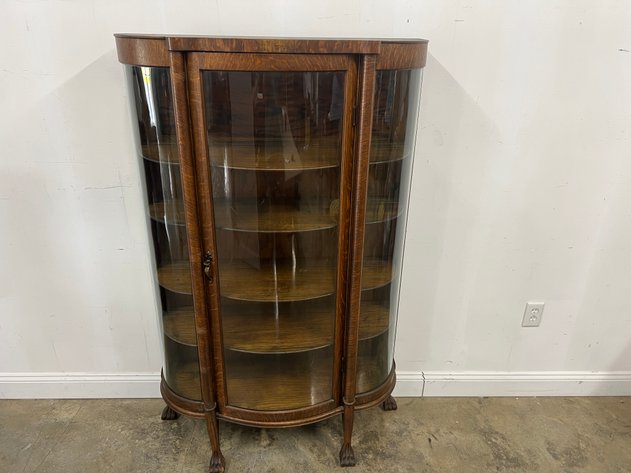 Image for Antique Bow Front Glass Door Curio Cabinet with Bat Claw Pedestal Feet
