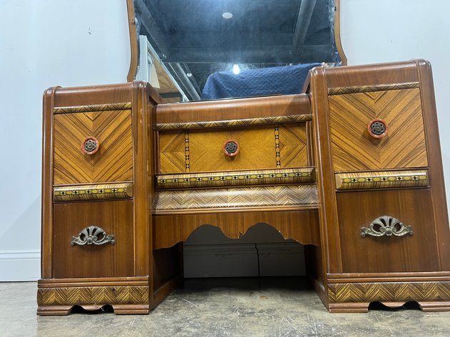 Image for Vintage Art Deco Waterfall Vanity with Beveled Mirror & Decorative Veneer