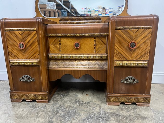 Image for Vintage Art Deco Waterfall Vanity with Beveled Mirror & Decorative Veneer