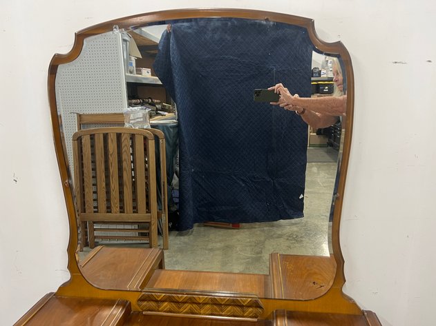 Image for Vintage Art Deco Waterfall Vanity with Beveled Mirror & Decorative Veneer